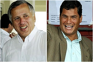 رافائل کورئا [سمت راست] و آلوارو نوبوآ در دوئل انتخاباتی اکوادور